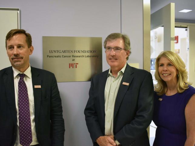 In 2018 the Jacks Lab became a Lustgarten Foundation Pancreatic Cancer Research Laboratory at MIT. Pictured are Lustgarten Foundation Chief Scientist Dr. David Tuveson, Dr. Tyler Jacks and Lustgarten Foundation President/CEO Kerri Kaplan.